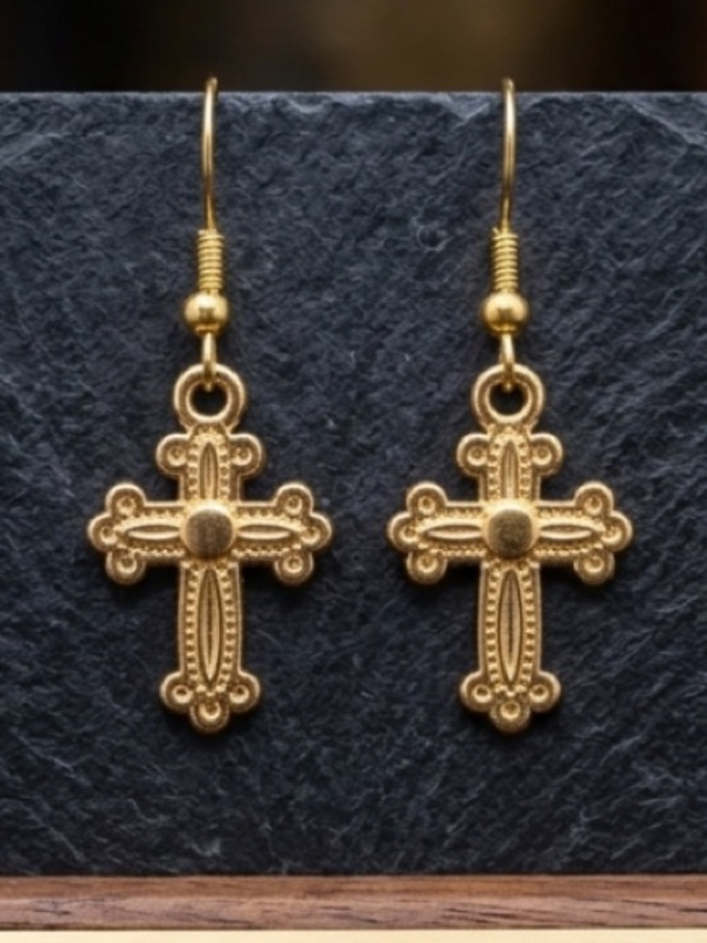 New-  Gold Tone Cross Dangle Earrings